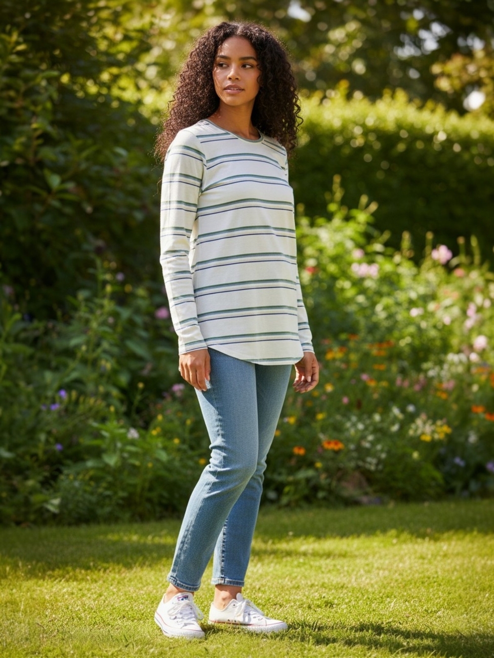 Orvis Perfect Tee Large Multicolor Striped Pima Cotton Modal Long Sleeve